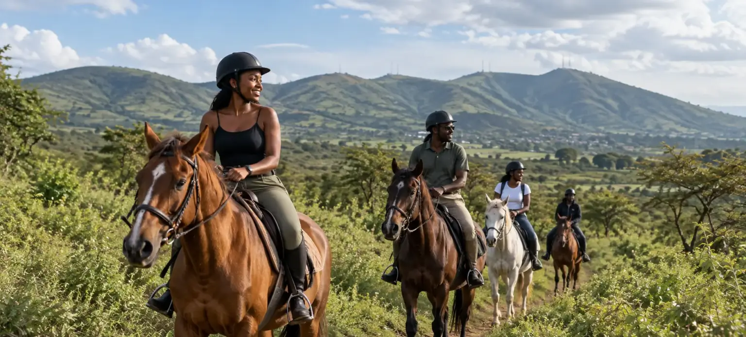 African riders enjoying a guided horse riding experience along a scenic trail with the Ngong Hills in the background, Kenya.