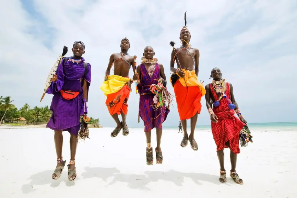 Maasai people warriors perform a traditional jumping dance along Kenya’s coast