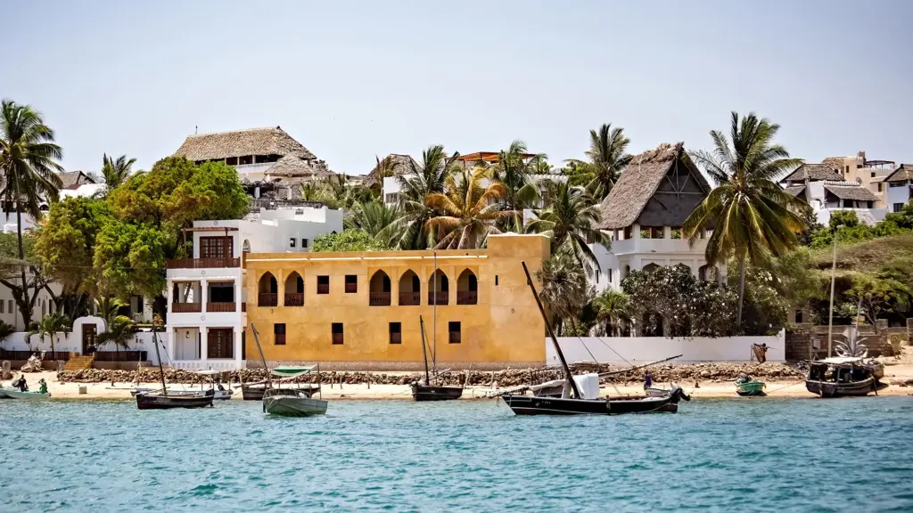 Shoreline view of Shela Town on Lamu Island, with its iconic whitewashed Swahili houses