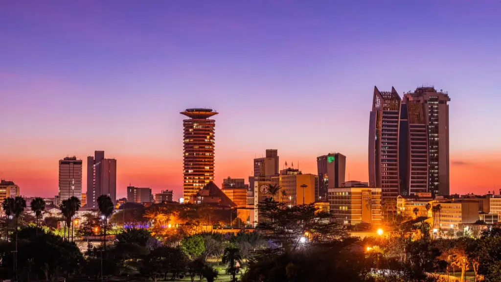 Skyline of Nairobi at sunset, where modern architecture meets vibrant city life