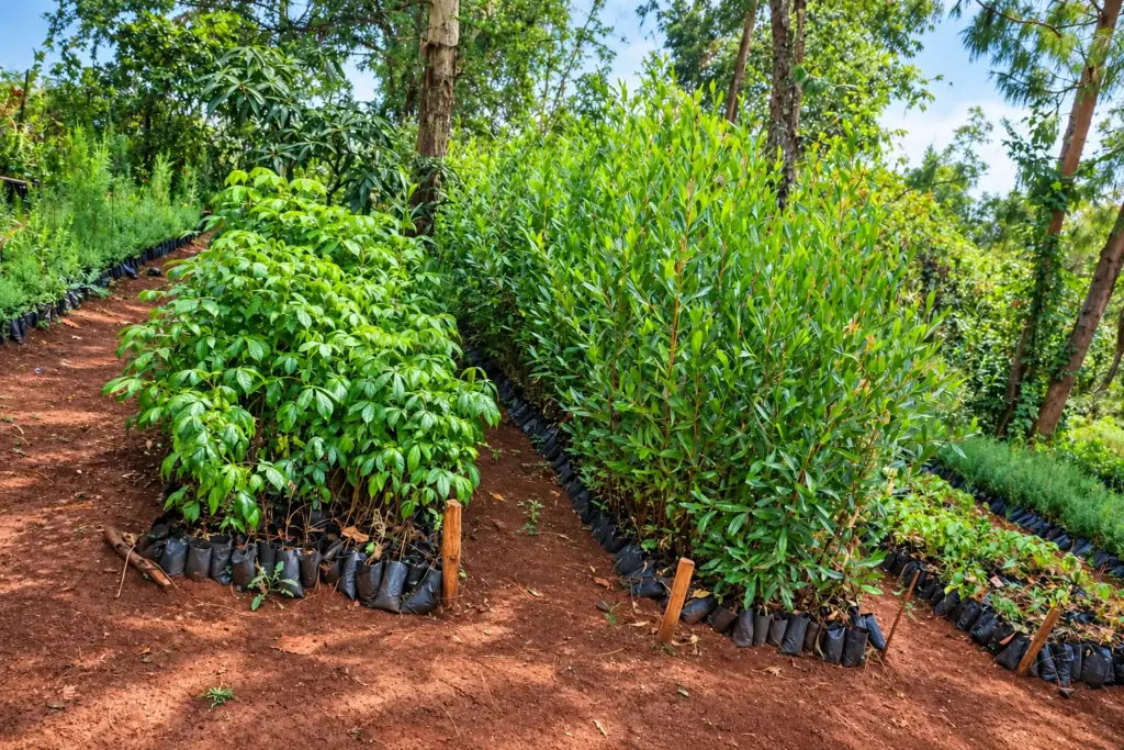 Rows of young tree seedlings growing in black nursery bags at a forest tree nursery in Ngare Ndare Forest, Kenya.